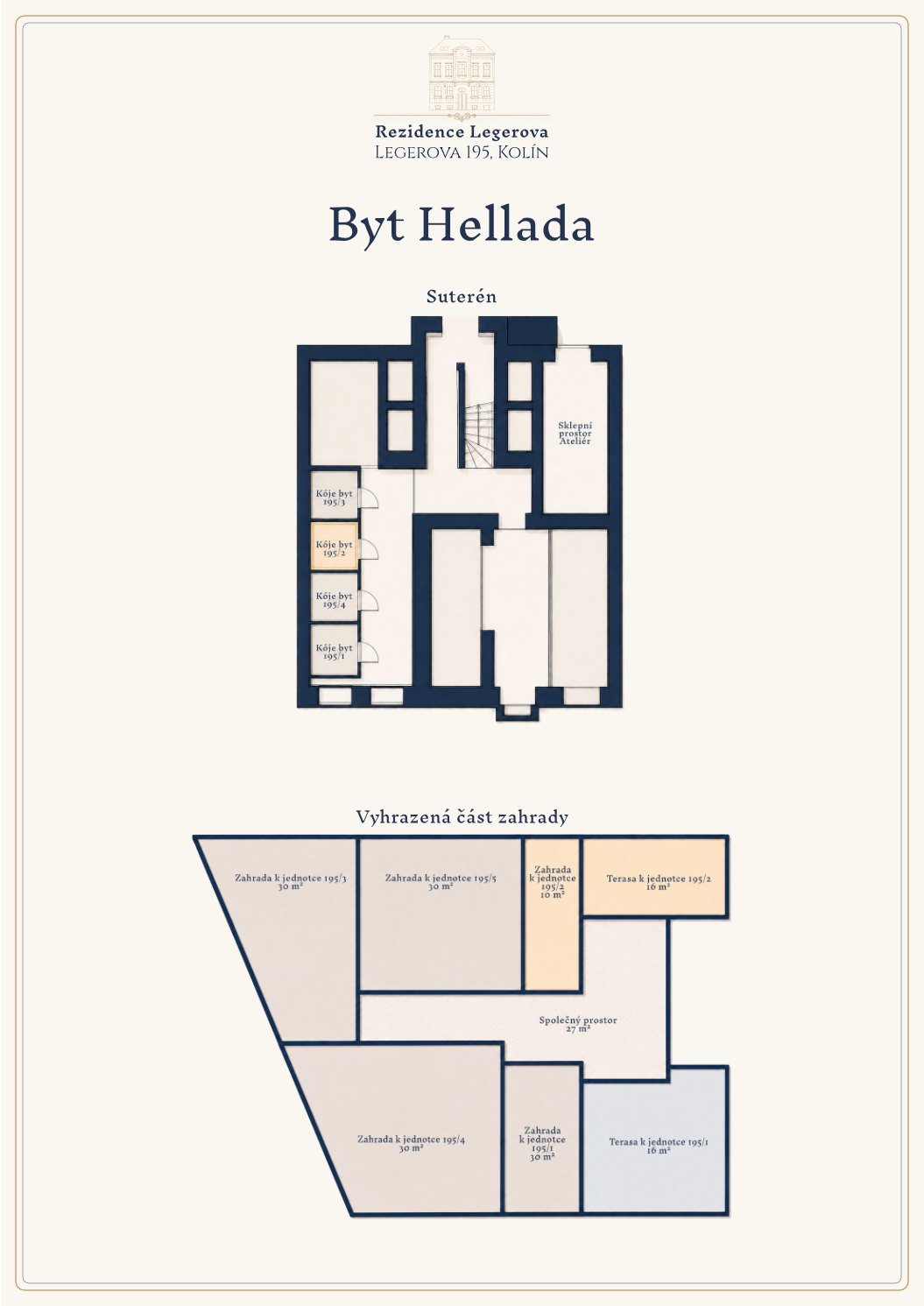 Mapka pozemku a sklepní kóje – Byt Hellada 195/2